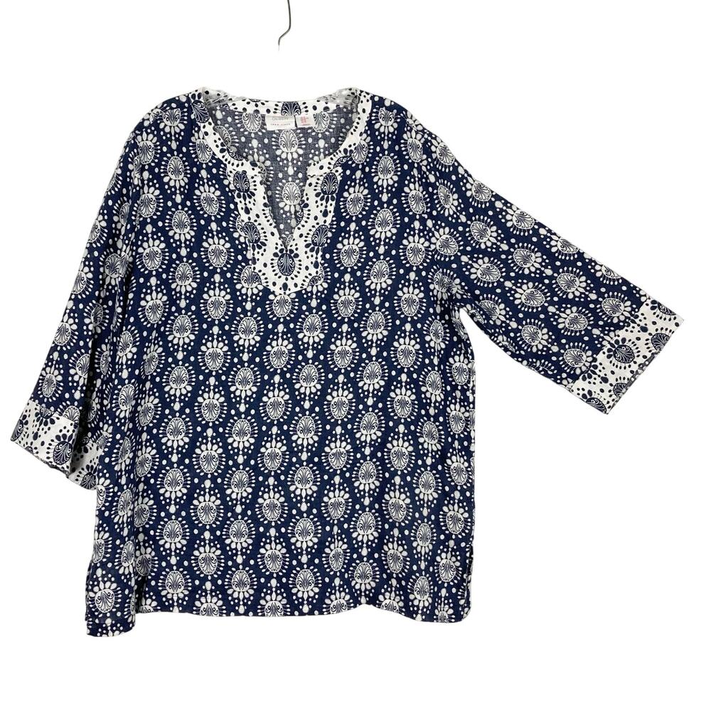 nwot SIGRID OLSEN Tunic Top XL Linen Floral Navy-White Slit Long-sleeve